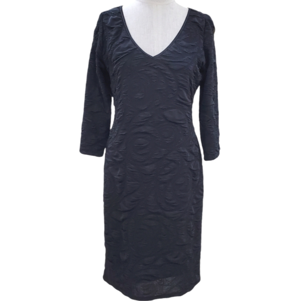 Simon Chang dress women's sz 8 black bodycon v-neck stretch textured sheer lined
